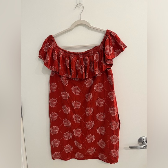 Madewell 100% Silk Red Palmflower Pattern Off The Shoulder Dress, Size L - Picture 6 of 6